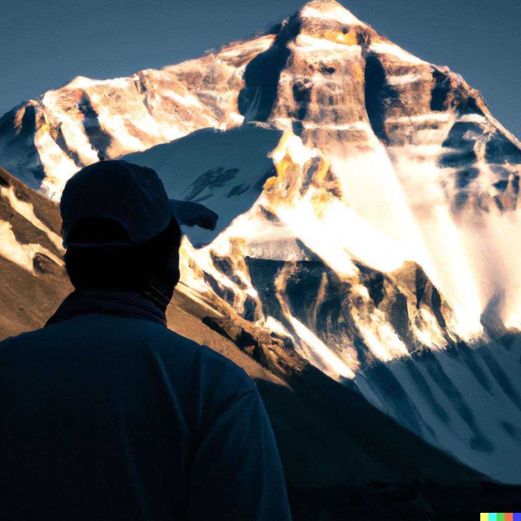 someone gazing at Mount Everest, photograph, backlit lighting